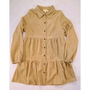 Rebellion Again Corduroy Camel Tiered Above Knee Dress SZ M Pockets Peasant Boho
